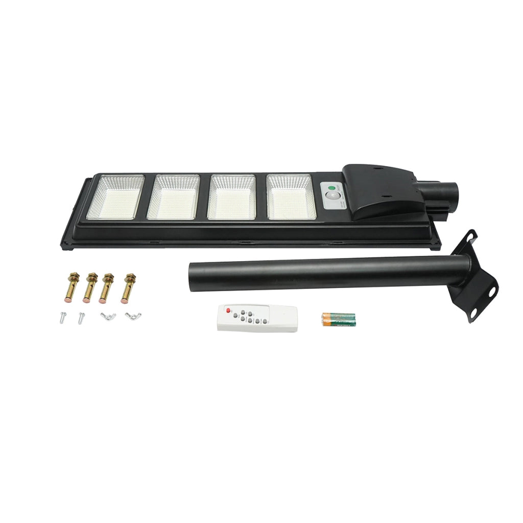 Lampada solare LED illuminazione stradale 200W 6500K con pannello solare 12W, batteria 12000mAh, telecomando, montaggio su palo IP65