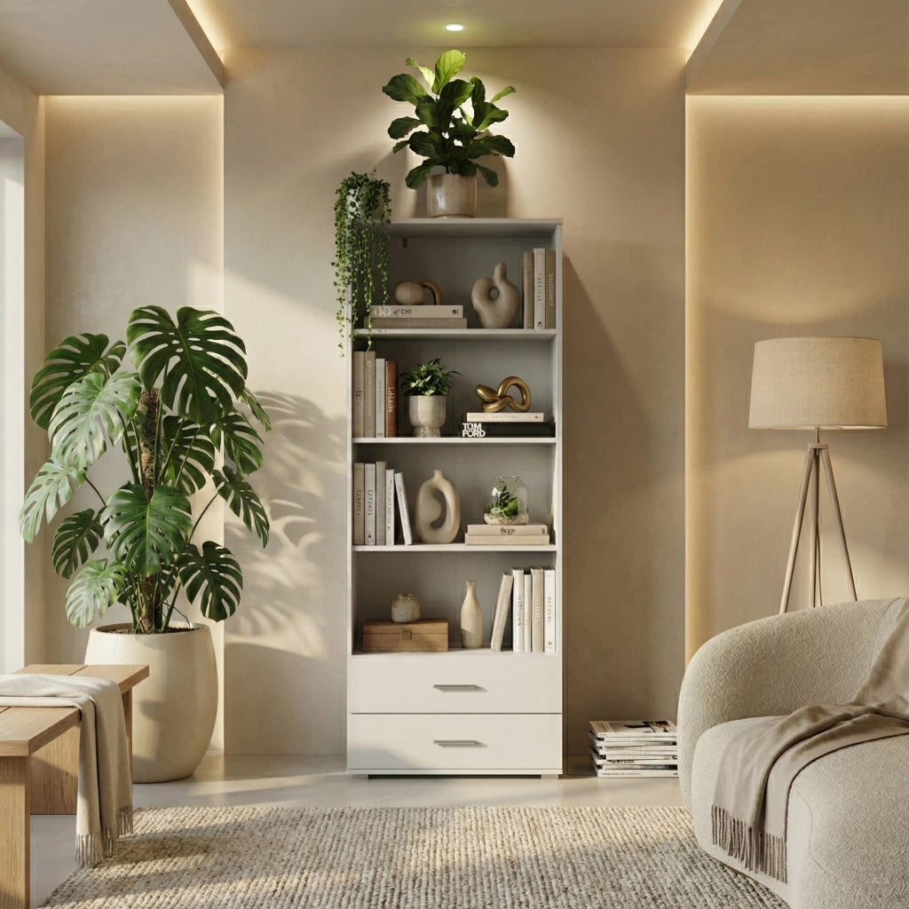 Libreria FAUSKE - 2 Cassetti - Bianco - Larghezza 69 cm, Altezza 180 cm, Profondit? 34 cm