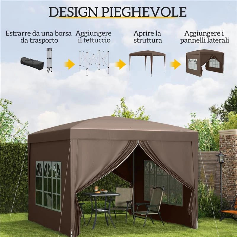 GAZEBO DA ESTERNO 3X3 M PIEGHEVOLE CON 4 PANNELLI LATERALI IN ACCIAIO E TESSUTO OXFORD COLOR CAFFÈ