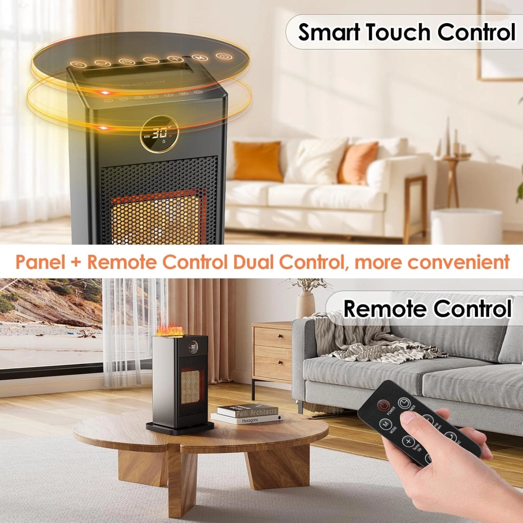 Termoventilatore piccolo, 1500 W, con funzione di umidificazione e luce ambientale, PTC, silenzioso, a risparmio energetico, timer da 12 ore, 4 modalità, oscillazione a 90°, con telecomando,