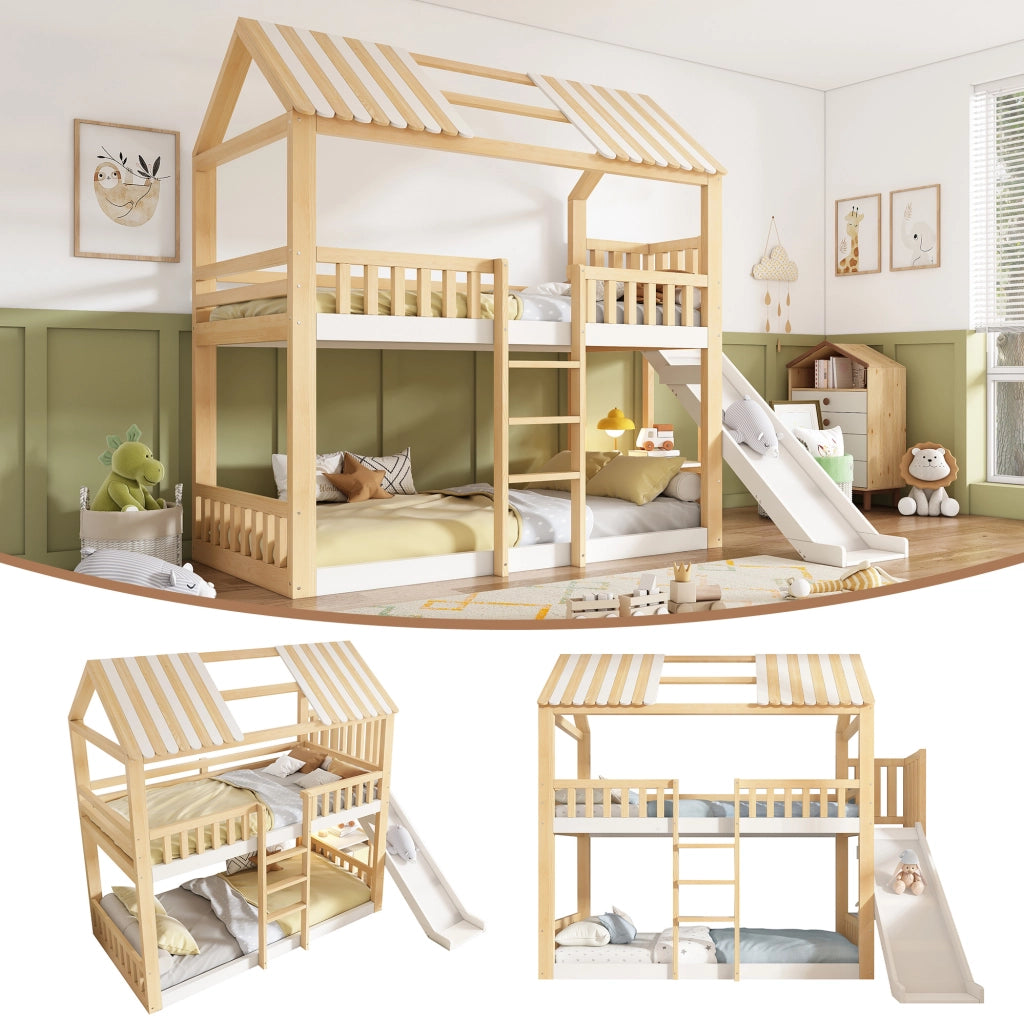 Letto a castello per bambini 90x200 cm in legno bianco e naturale con tetto a capanna; scaffale e scivolo