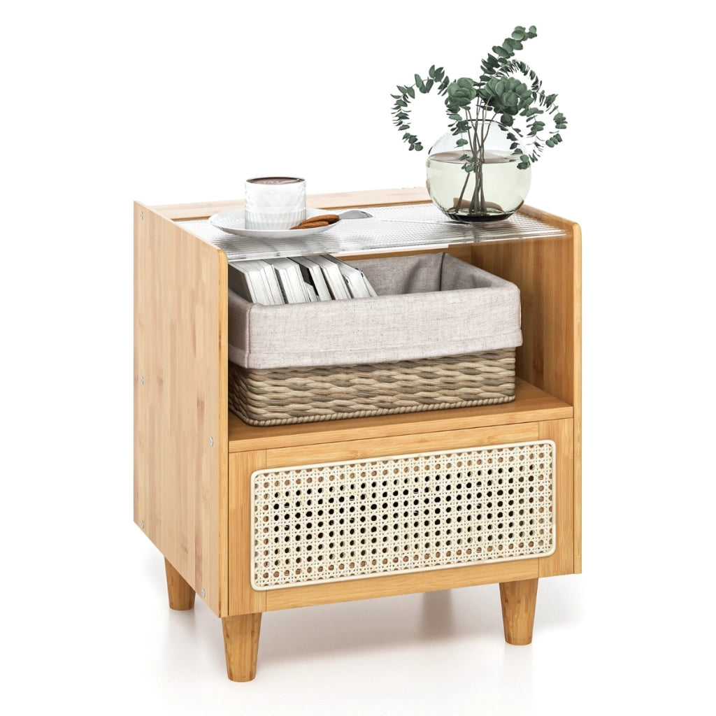 Comodino in bamb¨´ e rattan con cassetto e gambe in legno massello, Tavolino da salotto boho 43x35x50cm Naturale 1 Pezzo-Comodini