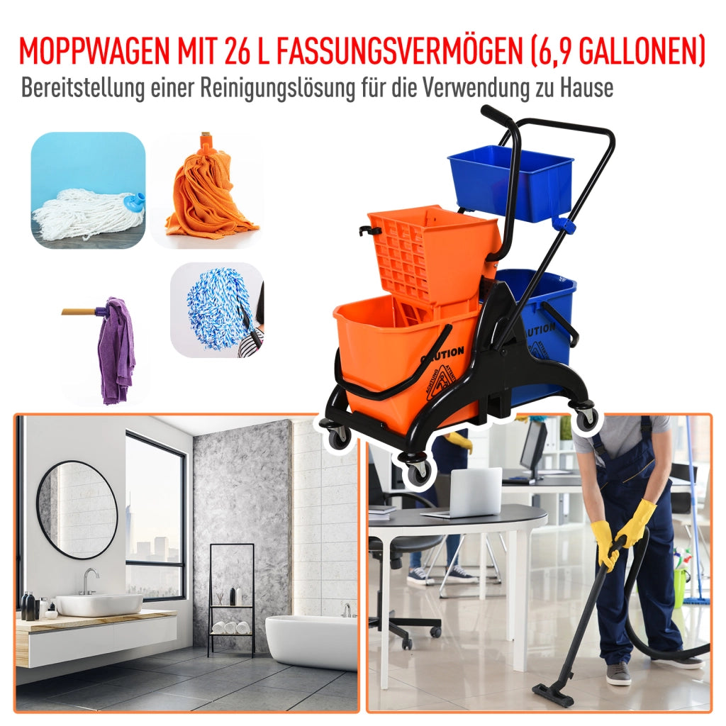 Carrello per la pulizia Carrello professionale per la pulizia con pressa a ganasce 2 secchi + contenitore Arancione Blu