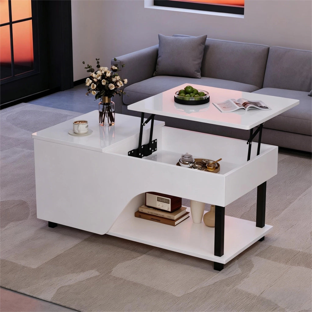 Tavolino lucido, illuminazione a LED, altezza regolabile, design traforato, 50 x 100 x 46 cm, bianco