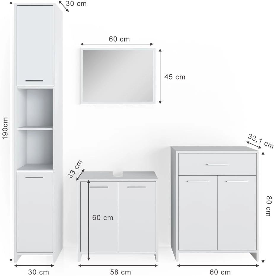 Set mobili bagno Kiko, Bianco, 58 cm, composto da mobile lavabo, pensile a specchio, colonna e base media