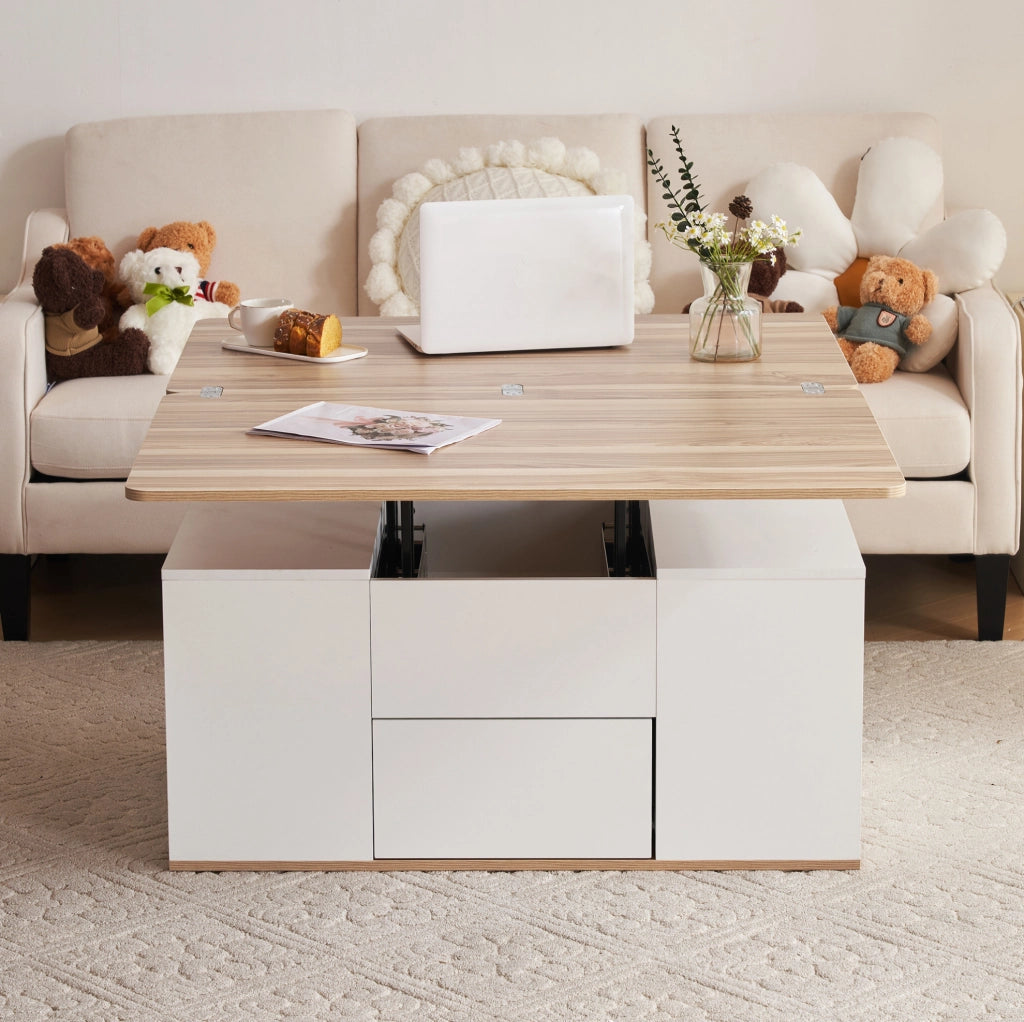 Tavolino da caffè elevabile 100x51x47 cm bianco e legno, 2 cassetti, truciolare,
