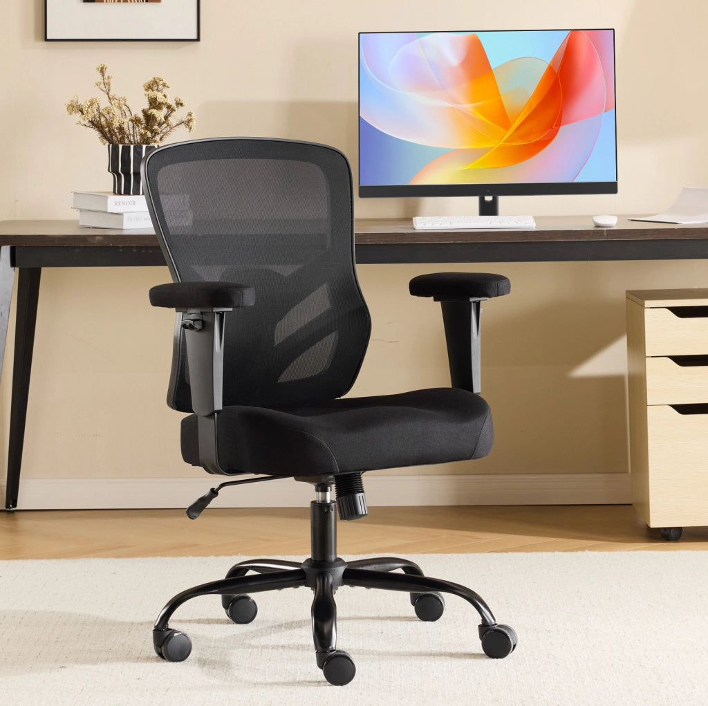 Sedia da ufficio nera ergonomica con supporto lombare regolabile e braccioli 2D