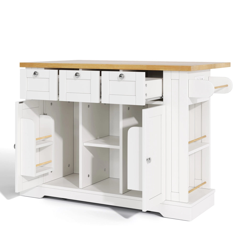 Isola da Cucina Mobile 132x40/70x87 cm Bianca e Legno con Piano Ribaltabile; Prese USB e Cassetti