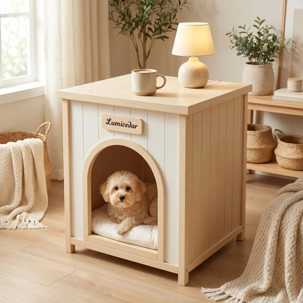 Cuccia Arredo per Cane o Gatto 53×51;6×60 cm con Piano Superiore e Cuscino Lavabile; Bianco Crema