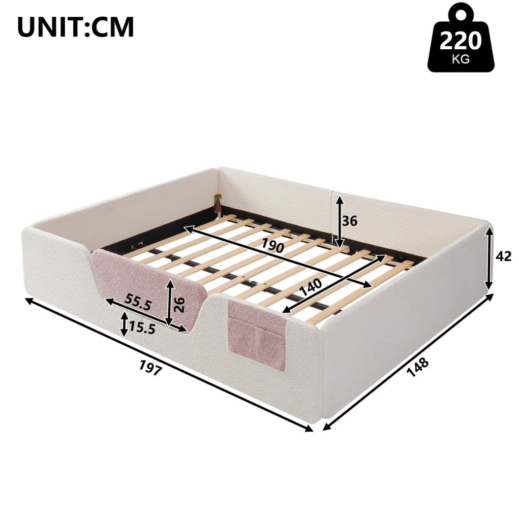 Letto imbottito 140x190 cm con spondine removibili e tasca portaoggetti in velluto beige