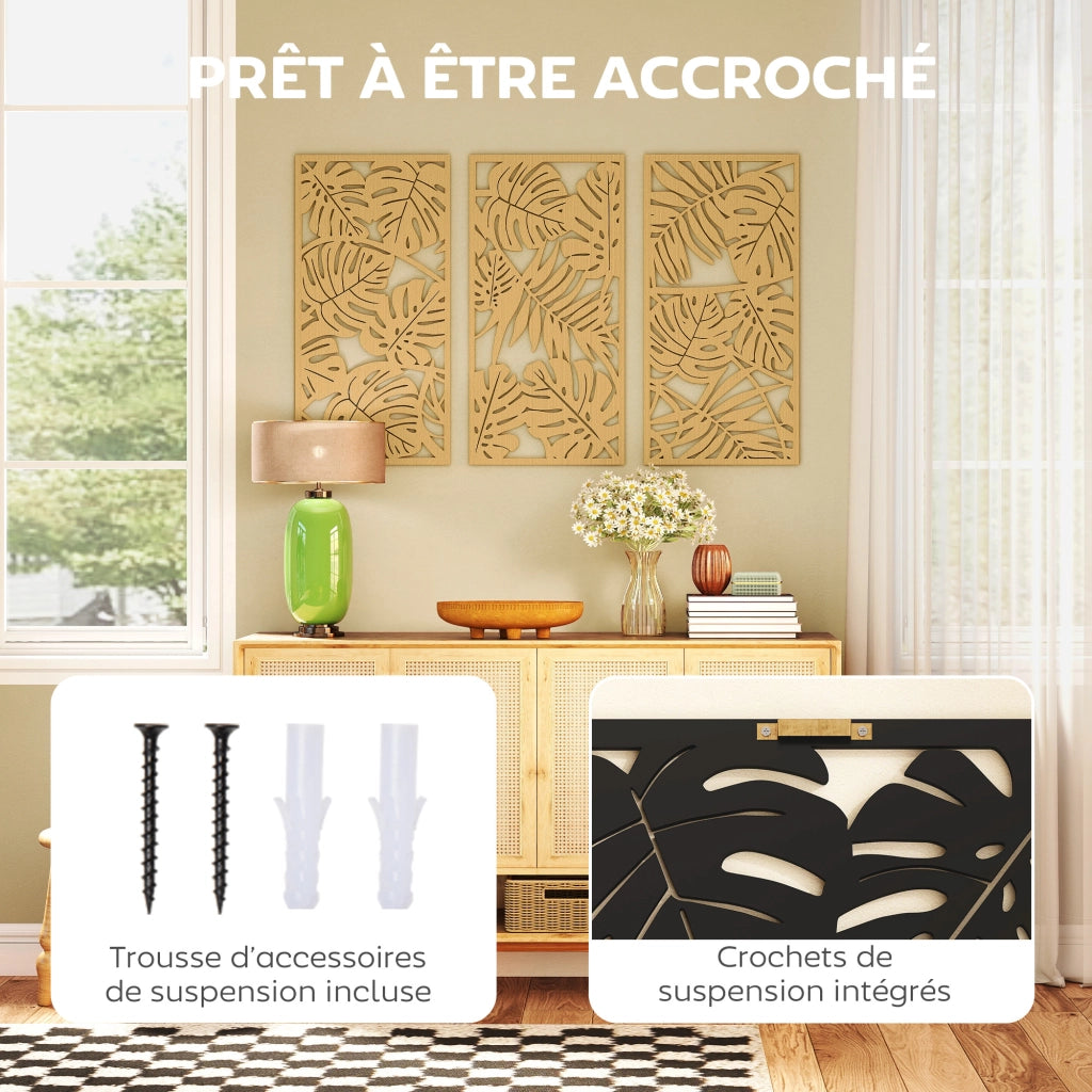 Decorazione Murale 3D Legno 3 Pezzi ¨C Xylo ¨C Foglie Tropicali Effetto Naturale 40x80 cm