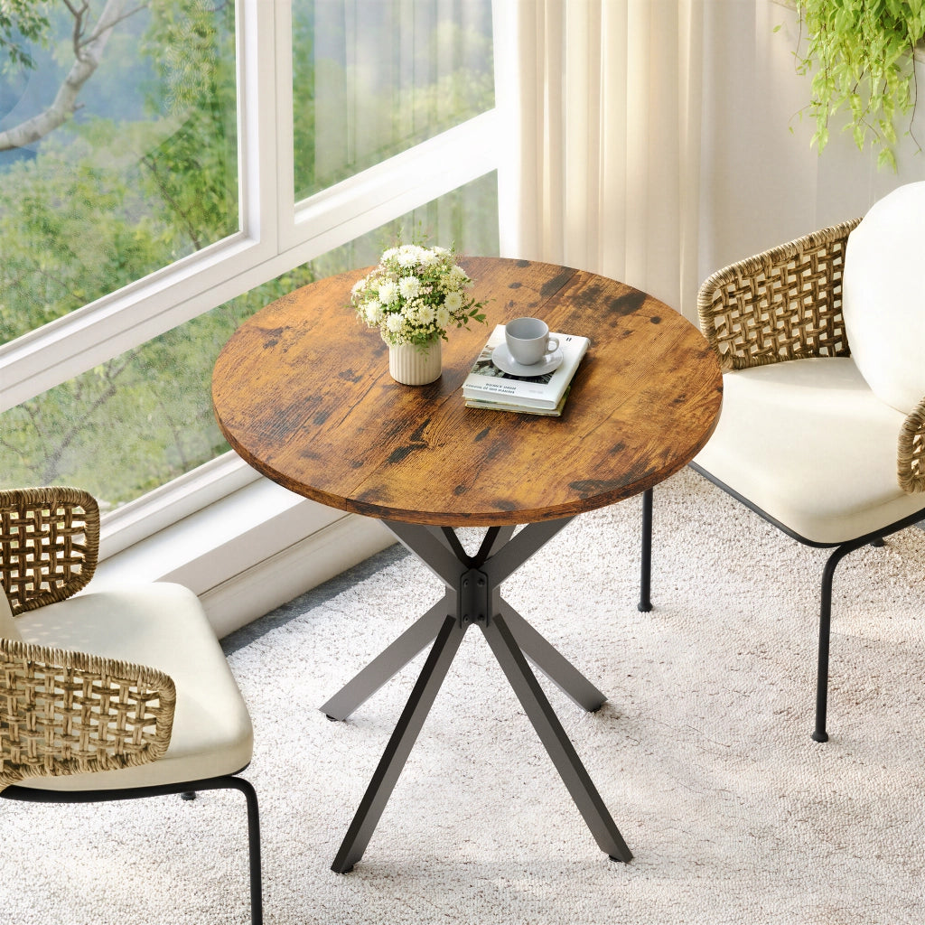 Tavolo da pranzo rotondo con base a X, per 2 persone, per cucina e home office, in truciolare e ferro, marrone nero, Ø 80 cm