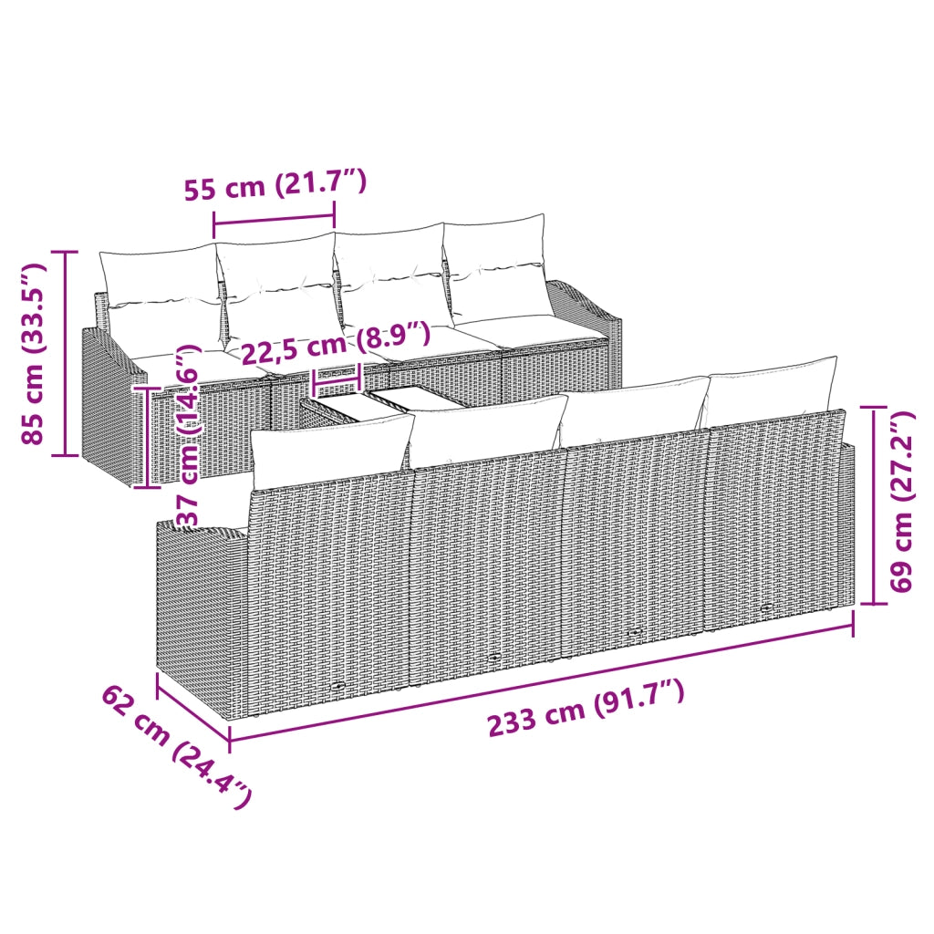 Set di divani da giardino 9 pezzi con cuscini Grigio Polyrattan