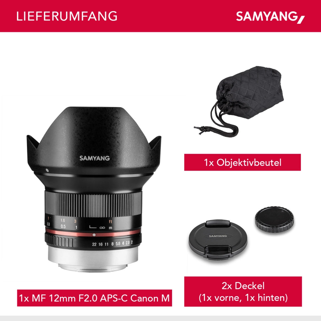 Obiettivo grandangolare fisso 12mm F2.0 APS-C per Canon M-APS-C, focus manuale – Fotocamera EOS M6 Mark II, EOS M50, EOS M200, EOS M100, EOS M10, EOS M6 II – nero