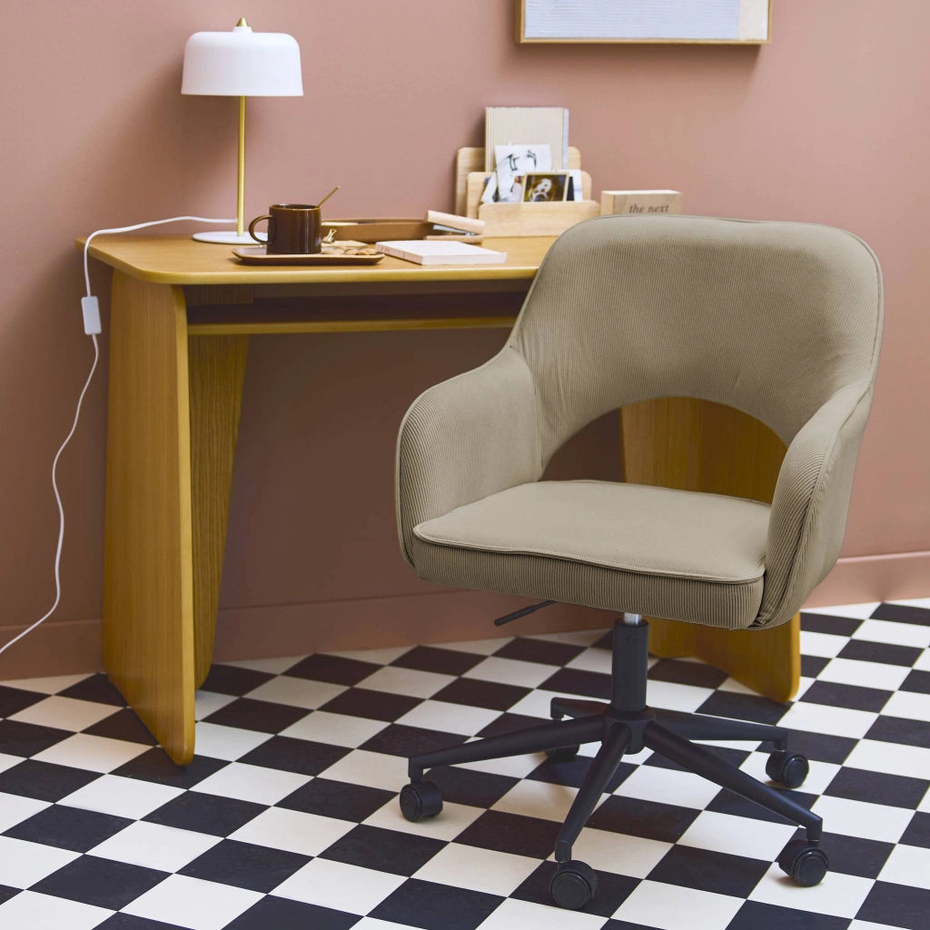 Sedia da ufficio in velluto a coste con rotelle, beige