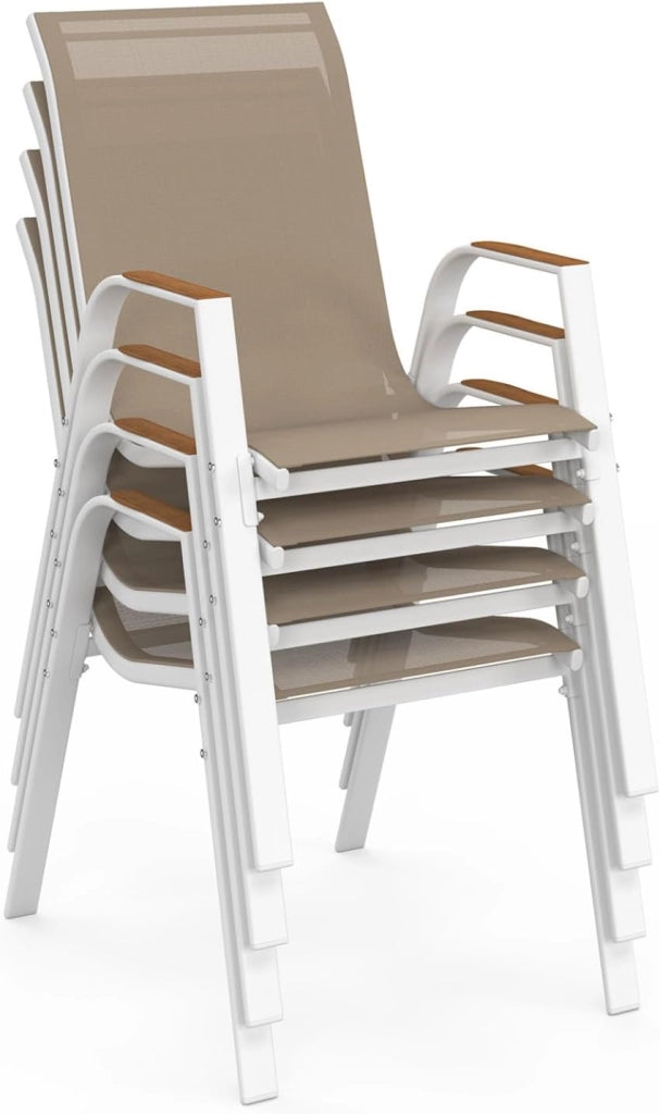Set di 4 sedie da giardino impilabili NOUMEA in metallo e textilene in bianco e legno