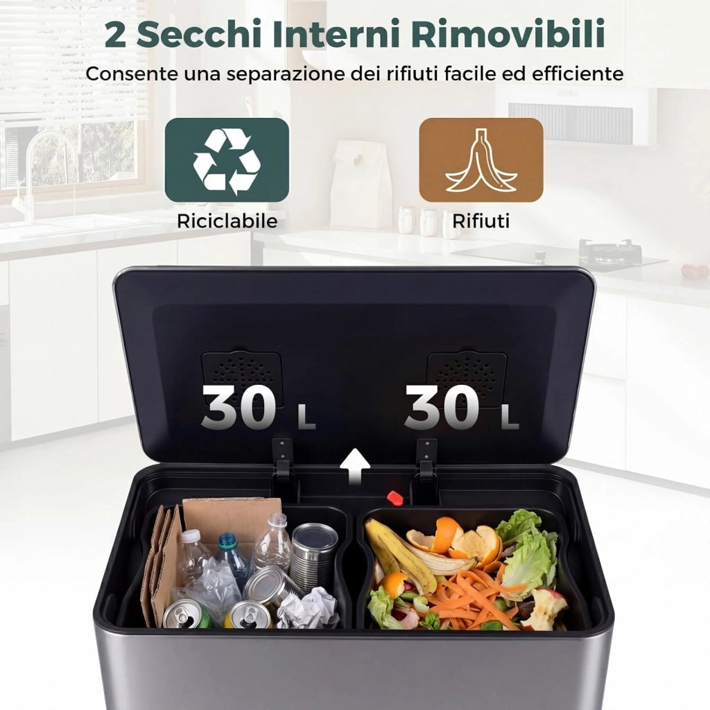 60 L Pattumiera Differenziata a 2 Scomparti, Bidone Raccolta Riciclaggio in Acciaio Inossidabile con 2 Secchi Rimovibili, Coperchio a Chiusura Ammortizzata, Pedale, Maniglie (Argento)