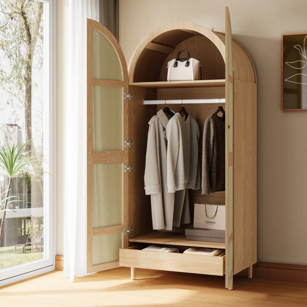 Armadio guardaroba 80x50x179 cm con ante in rattan e cassetti; naturale HOMVRA