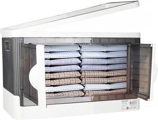 Scatola di stoccaggio con coperchio, scatola di stoccaggio cucina, 56 l, grande box in plastica, organizzatore, box, scatole di stoccaggio con ruote, trasparente, grande, ideale per cucina, soggiorno e camera da letto (1 pezzo)