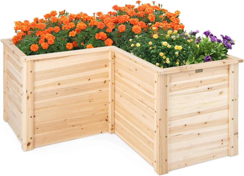 Letto Rialzato da Giardino in Legno, Fioriera da Esterno a Forma di L con Base Aperta, Aiuola per Frutto, Erbe, Verdure e Fiori da Blacone, Cortile e Prato, 120 x 120 x 63 cm (Naturale)