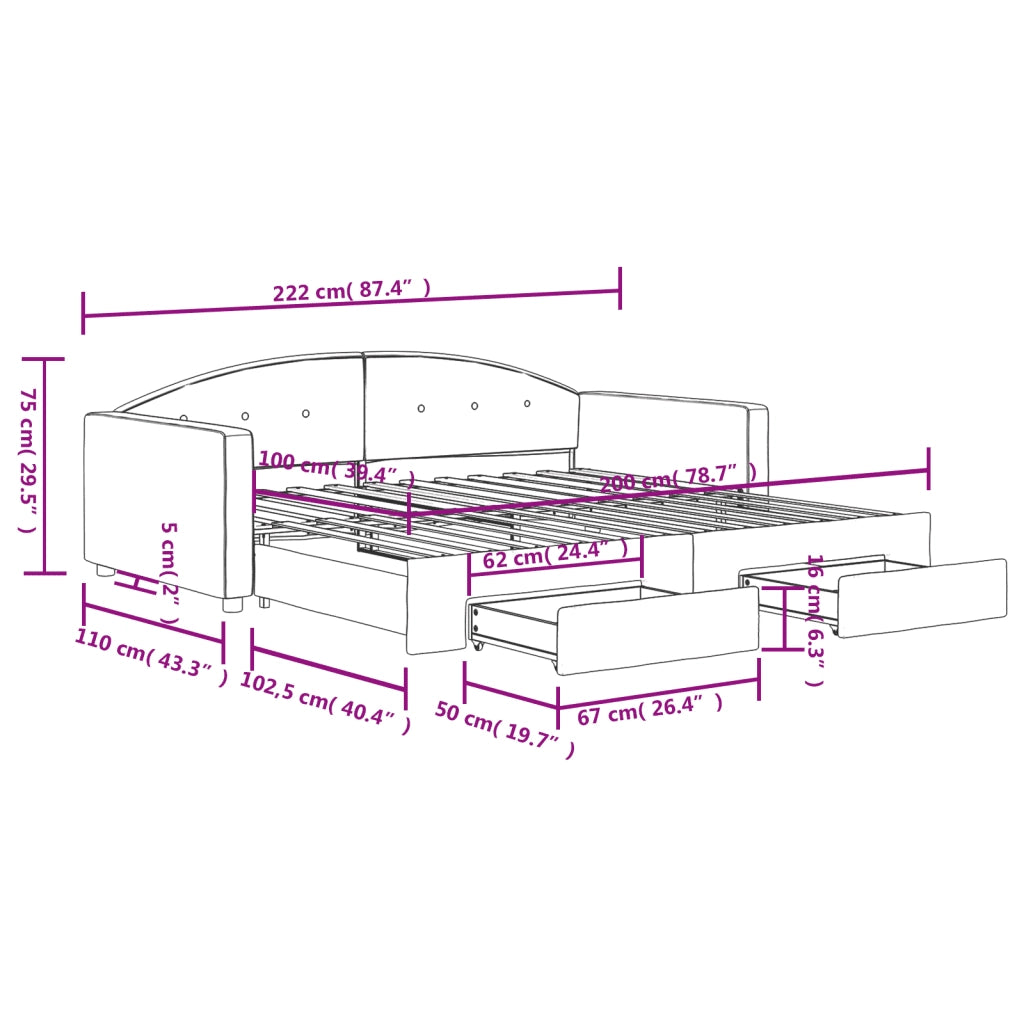 Divano Letto Estraibile con Cassetti-Sofa Letto-Daybed Nero 100x200 cm in Velluto 308787