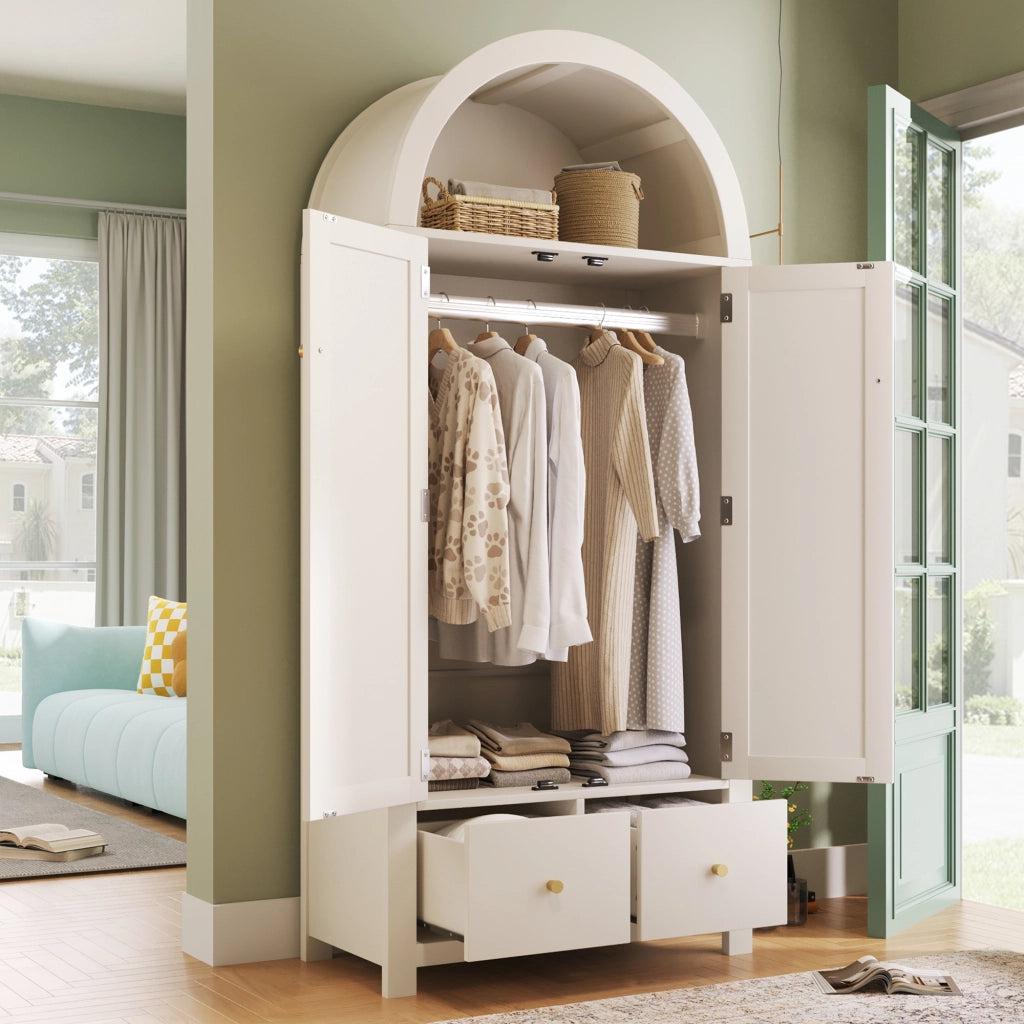 ARMADIO 181x78x45 cm con frontali in rattan, bianco, 2 cassetti