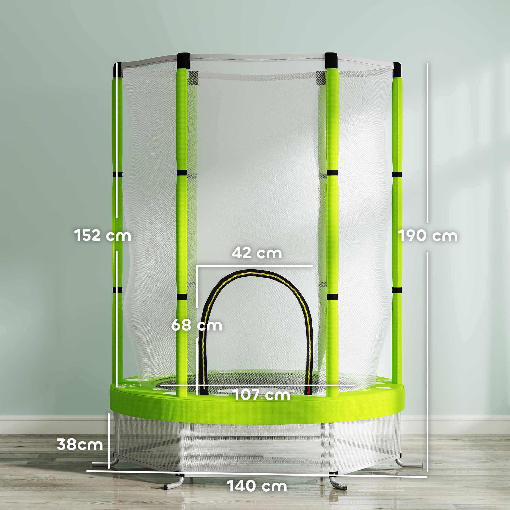 Tappeto Elastico per Bambini 3-6 Anni Ø140x190 cm con Rete di Sicurezza Verde