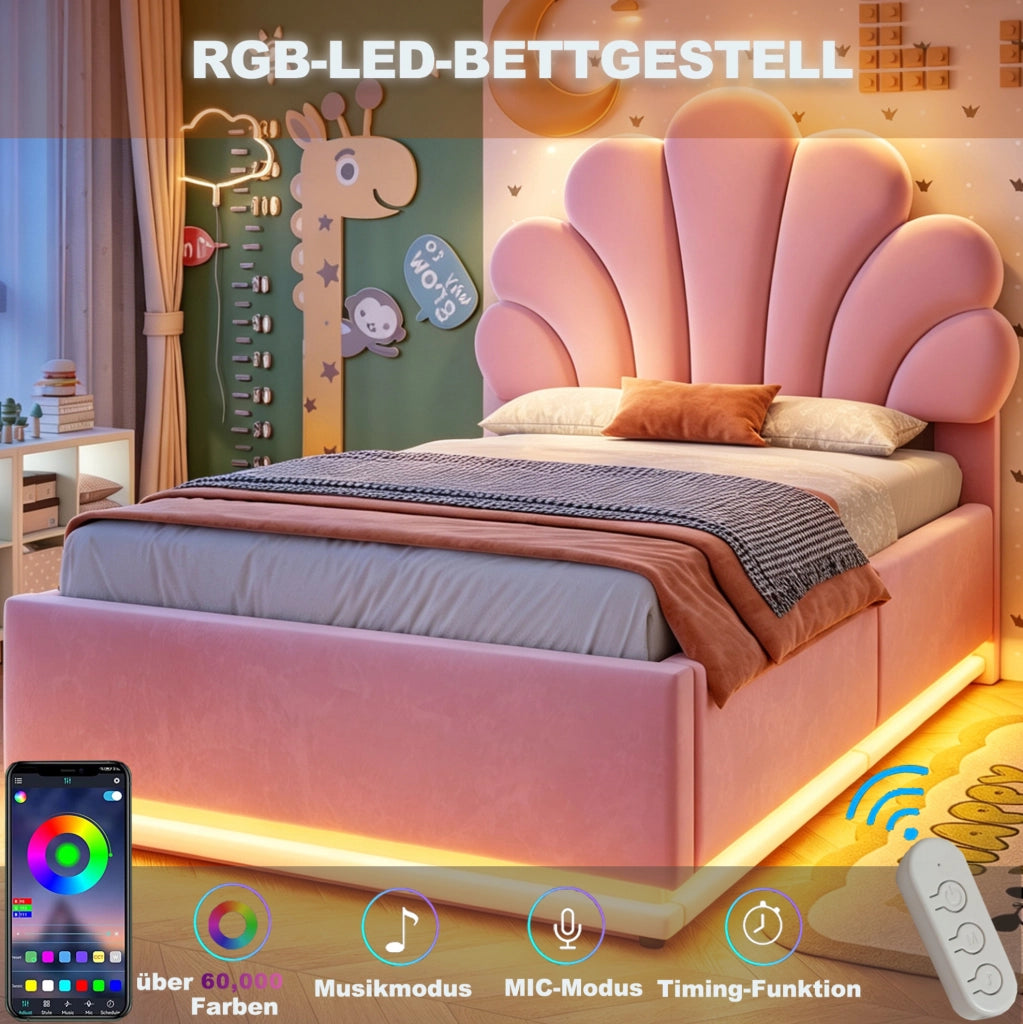 Letto imbottito 90x200 cm rosa con contenitore idraulico e LED