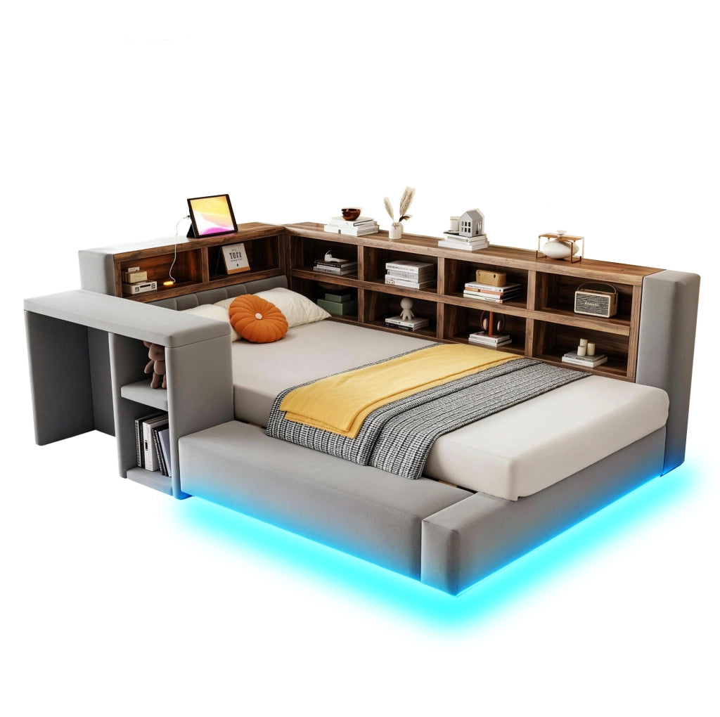 LETTO imbottito 90x200 cm grigio scuro con vani, LED e prese