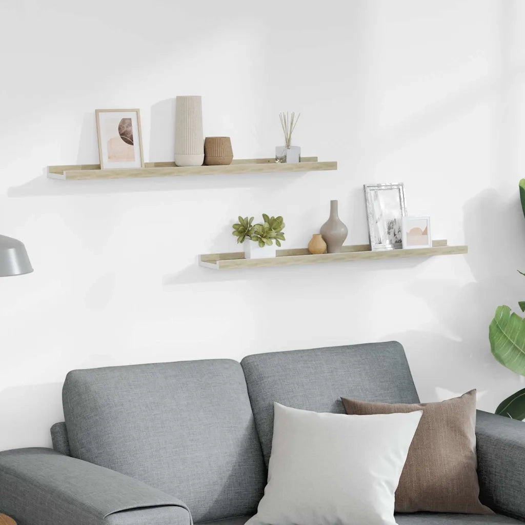 2 pz Mensole da Parete | Scaffali a Parete | Ripiano a parete Bianco e Rovere Sonoma 80x9x3 cm