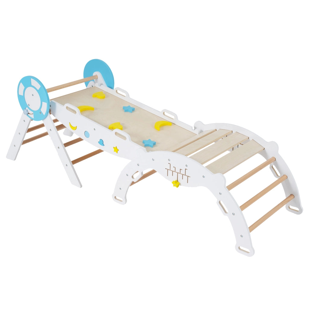 Set triangolare 7 in 1 legno montessori nautico arrampicata scivolo-Set scala arco labirinto palestra interna pieghevole bambini Bianco