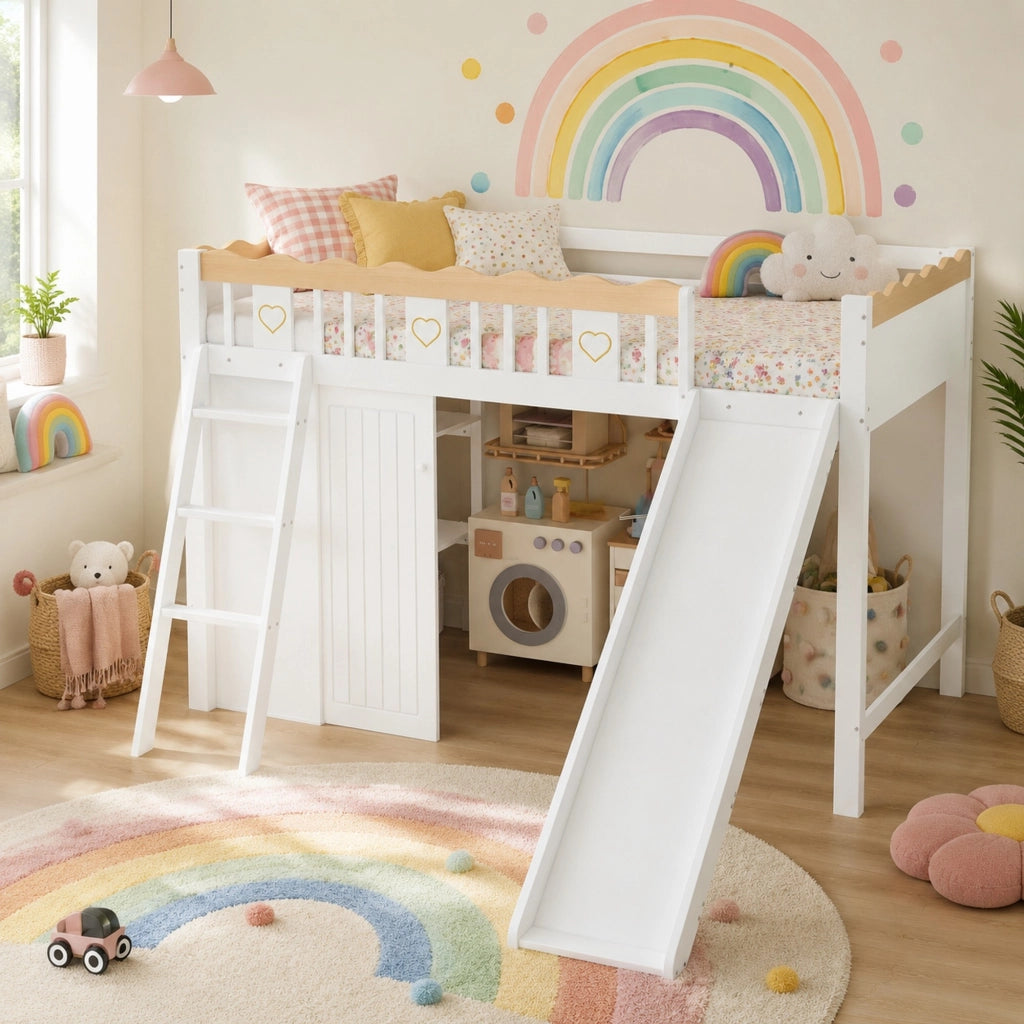 Letto a soppalco bambini 90x200 cm con scivolo e armadi