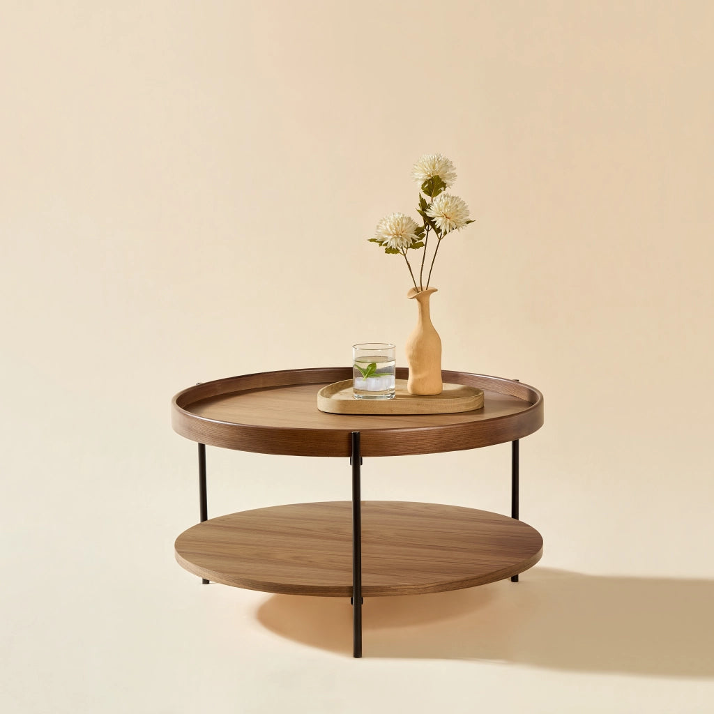 Tavolino basso con piano a due livelli e gambe in metallo, in legno massello e MDF, noce, per soggiorno, 44 × 44 × 48 cm