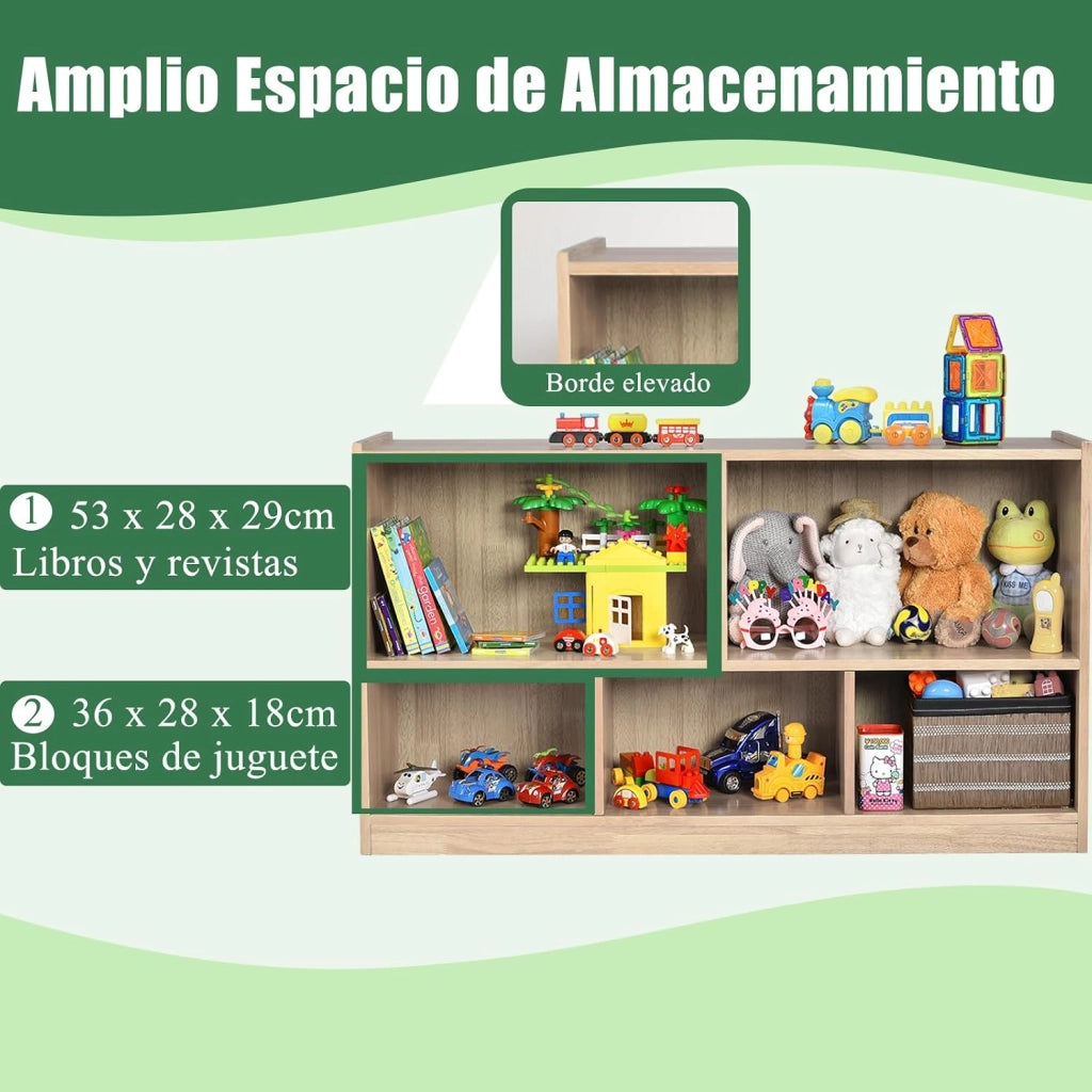 Libreria per bambini, con 5 scomparti aperti, per giocattoli, per libri e giocattoli, per cameretta dei bambini, 111 x 30 x 61,5 cm (naturale)