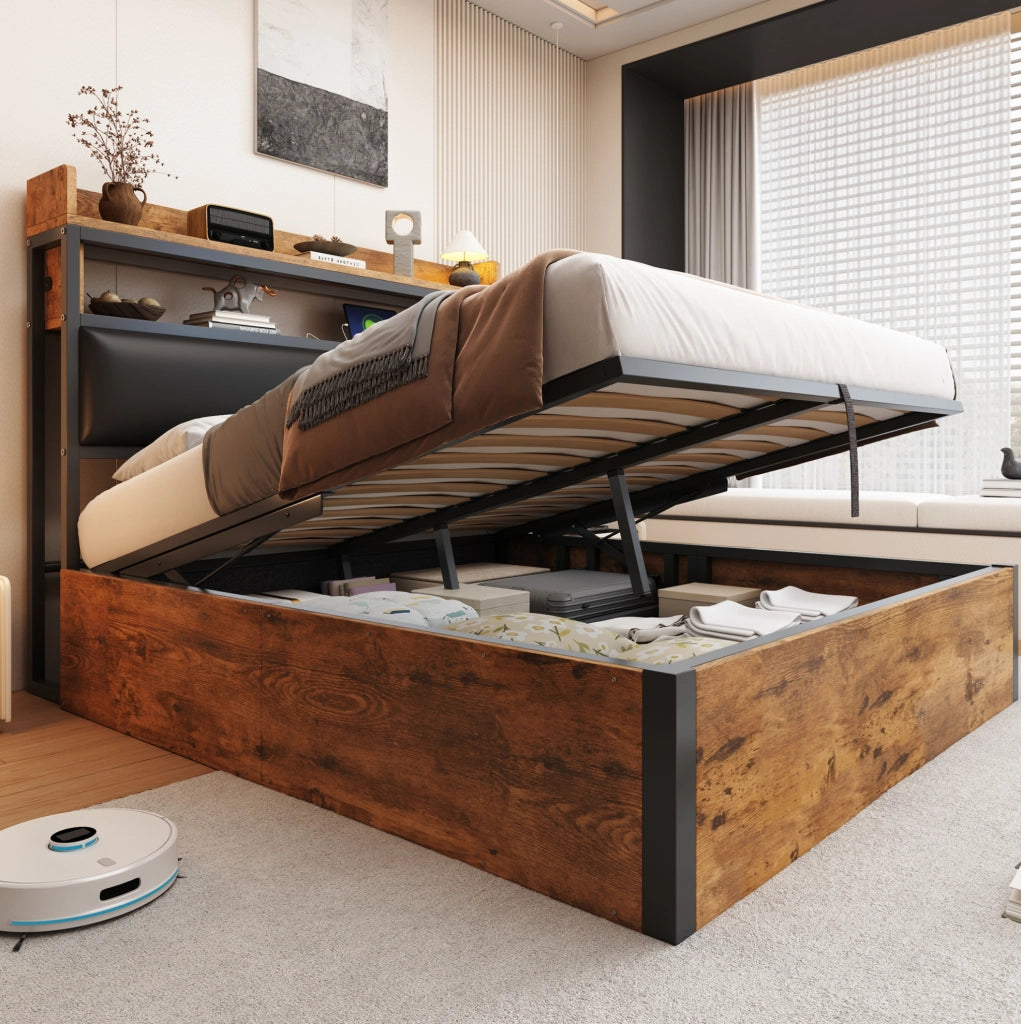 Letto contenitore 140x200 cm con USB e testiera con vano; nero