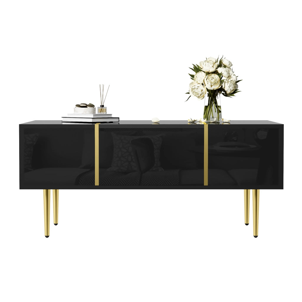 Tavolino da Caffè con 2 Cassetti; Finitura Lucida Nera con Dettagli in Metallo Oro; in MDF; 100×60×41;5 cm
