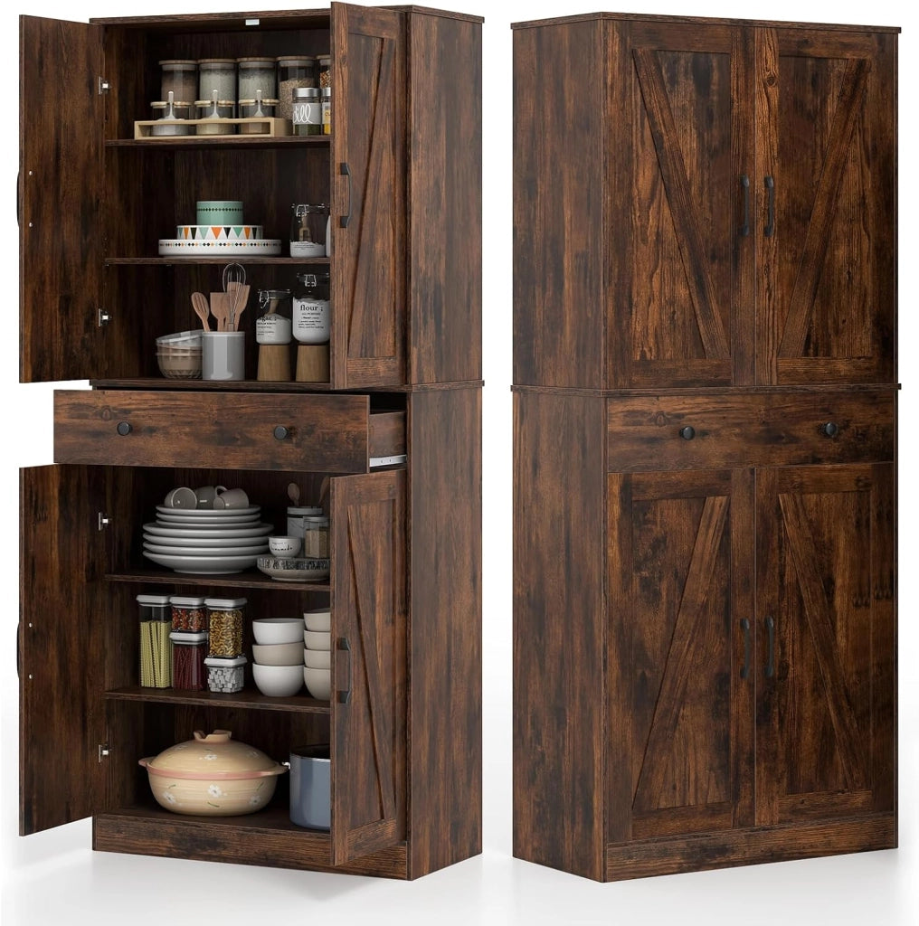 Credenza Alta da Cucina in Legno, 2 Armadi con Ante e 1 Cassetto, Mobile Buffet con 3 Ripiani Regolabili, Mobiletto Multiuso per Soggiorno, Sala da Pranzo, 77x39x183cm(In 2 Pacchi) (Nero)