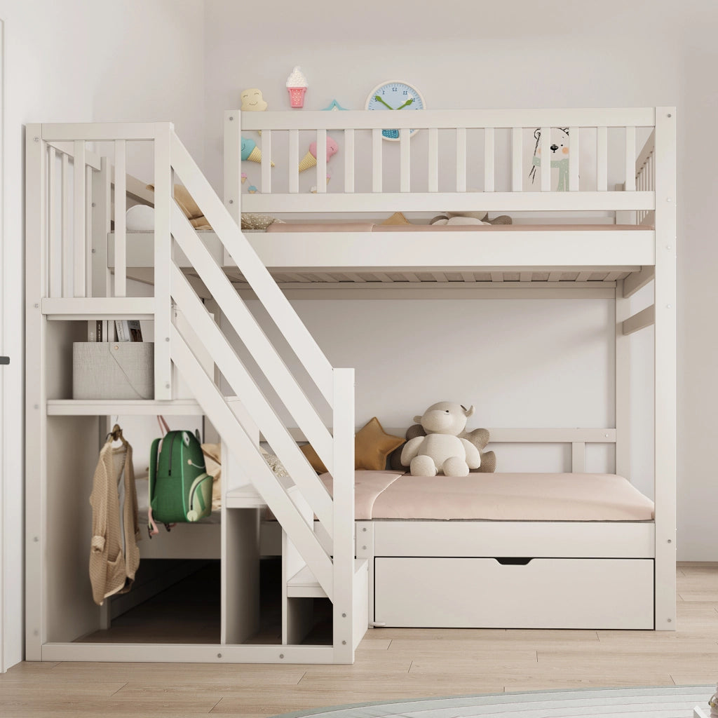 DESMIU Letto a Castello 2 Posti con Scala Contenitore, Cassetto e Sponde Alte, 140 × 200 cm, Senza Materasso