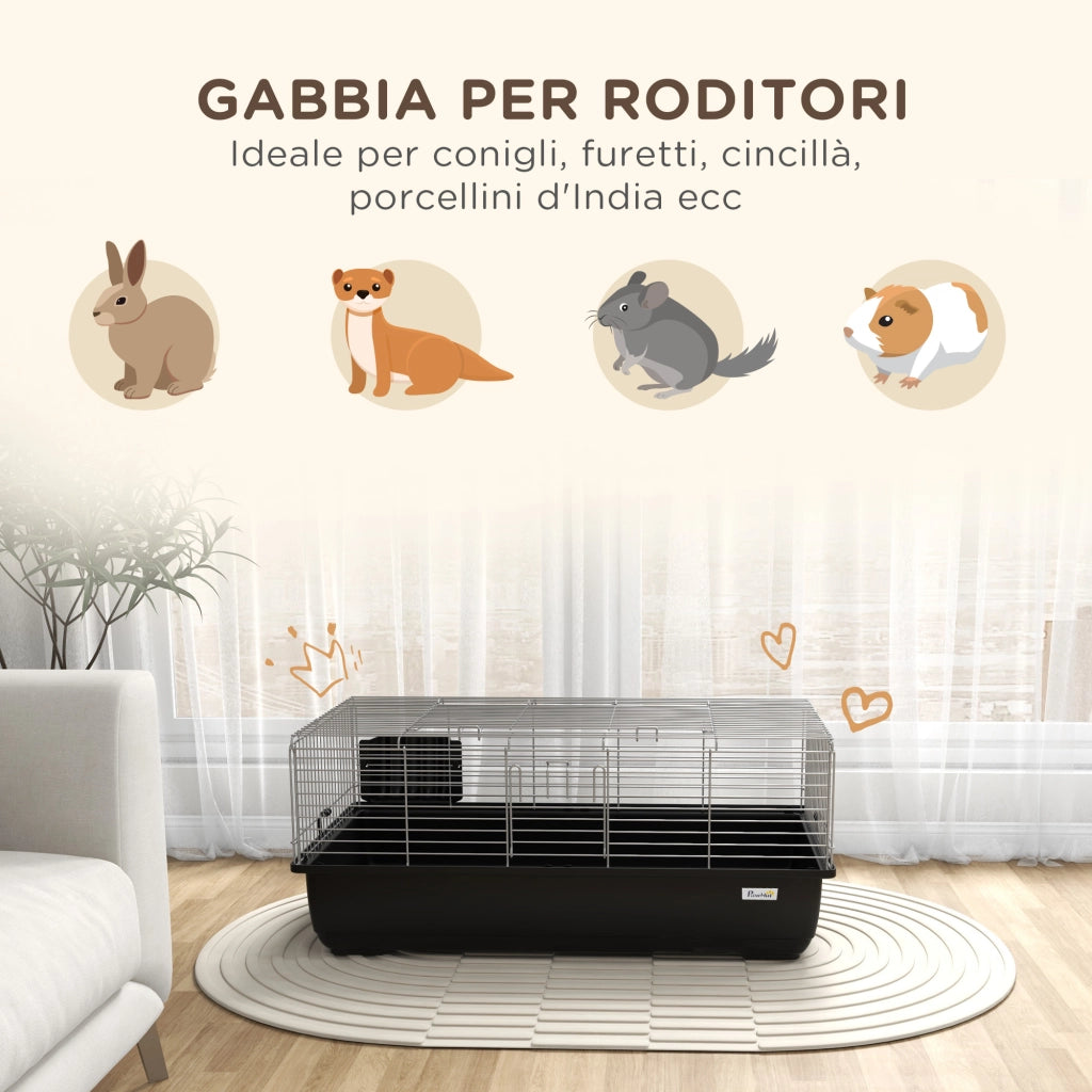 Gabbia per Conigli 2 Porte ¨C zephmum ¨C Nero Argento Metallo Plastica 100x55x41 cm