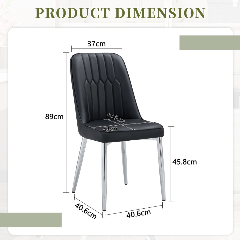 Sedia da pranzo moderna in PU nero con gambe in metallo argento; 89 cm