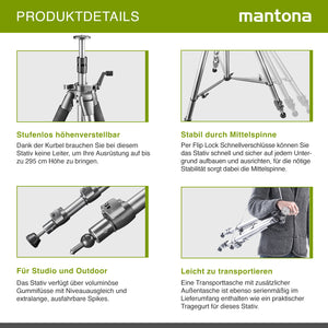 Mantona Alto Cavalletto fotografico, altezza regolabile fino a 295 cm, alluminio, max 6 kg, Treppiedi Stativo fotografia