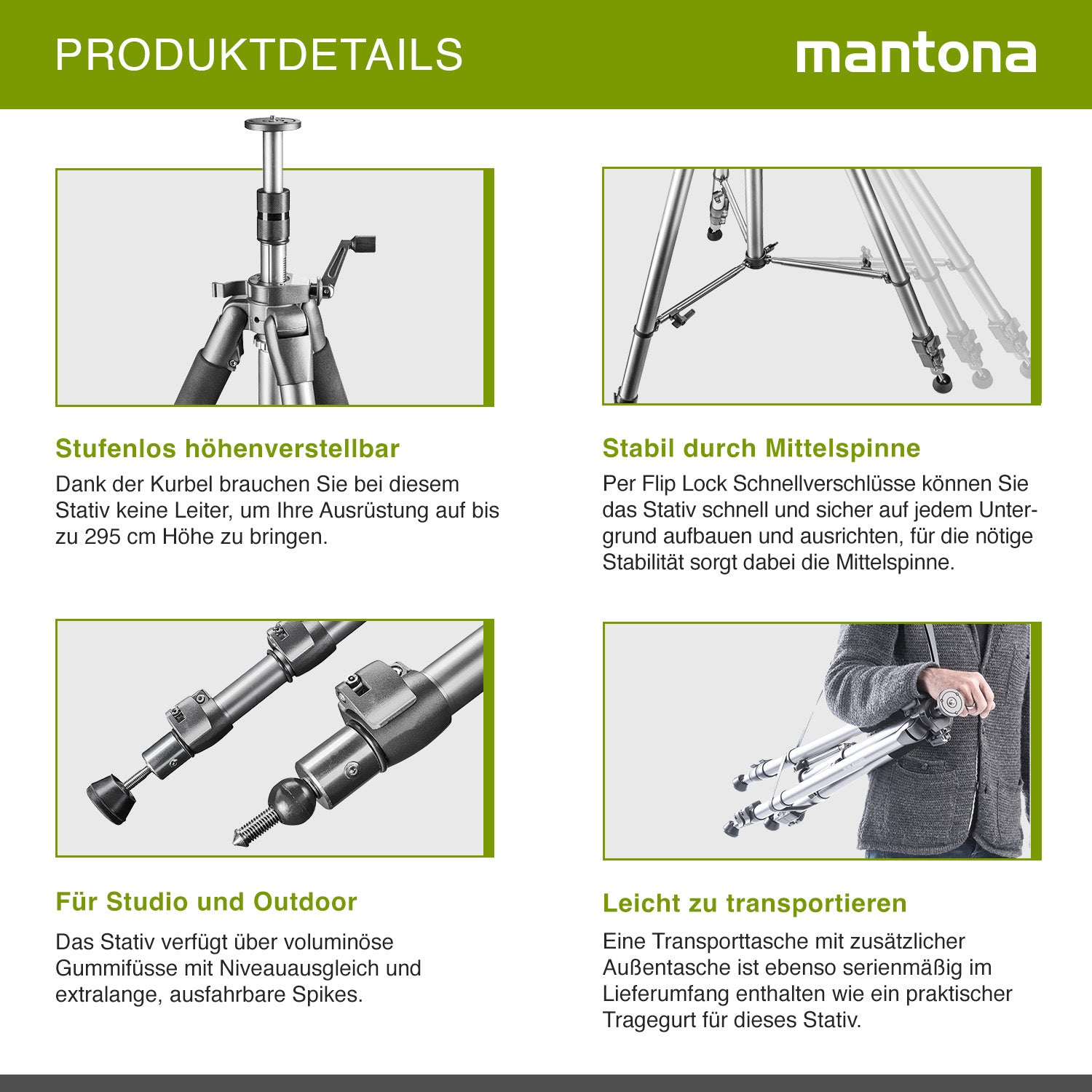 Mantona Alto Cavalletto fotografico, altezza regolabile fino a 295 cm, alluminio, max 6 kg, Treppiedi Stativo fotografia