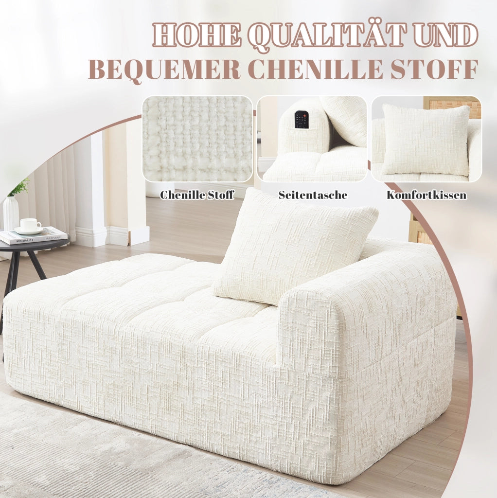 Divano chaise longue in ciniglia beige con tasche laterali e cuscino