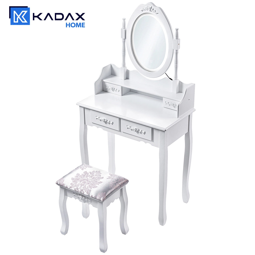 Tavolo da trucco KADAX con specchio e sgabello, bianco, 75x147 cm