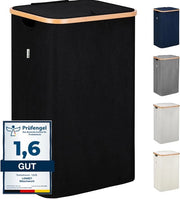 Wascazzuola 100L con coperchio - Stilezza wascazzuola con struttura in bambù stabile - Compresa sacca lavabile da rimuovere - Lavabile - Wascazzuola impermeabile | Nero