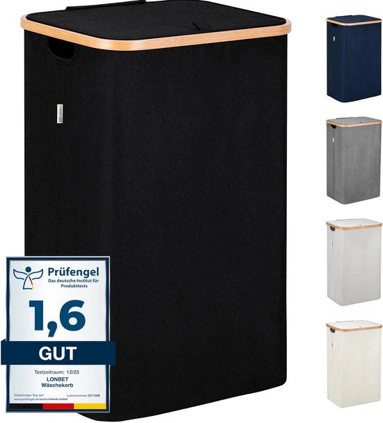 Wascazzuola 100L con coperchio - Stilezza wascazzuola con struttura in bambù stabile - Compresa sacca lavabile da rimuovere - Lavabile - Wascazzuola impermeabile | Nero