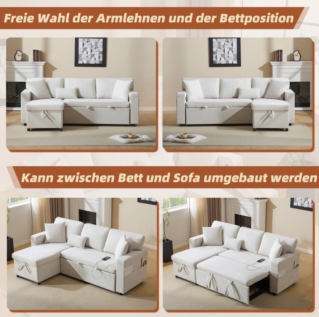 Divano letto angolare beige con USB, contenitore e 3 cuscini