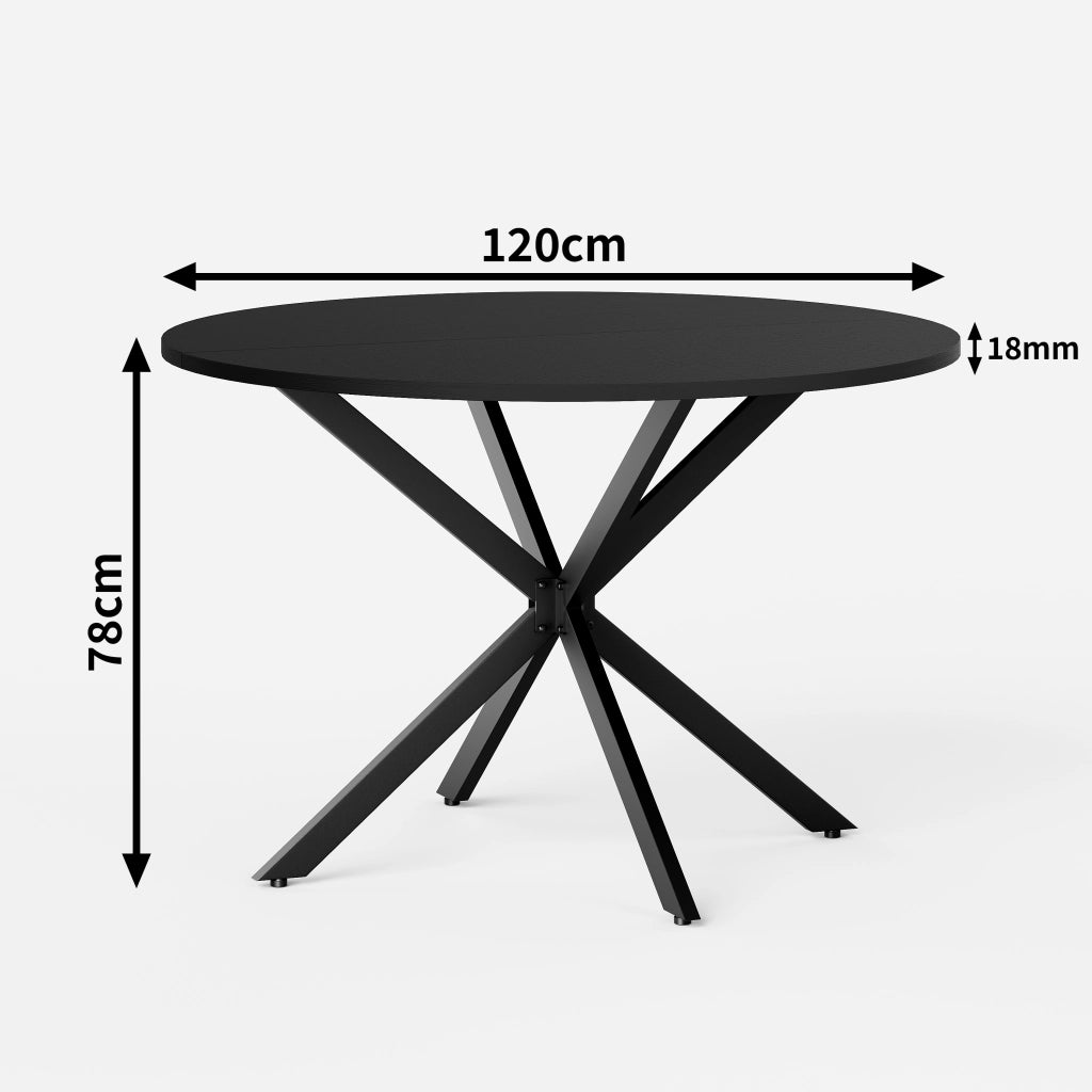 Tavolo da pranzo rotondo con base a X in ferro e piano in pannello truciolare nero per cucina diametro 120 cm