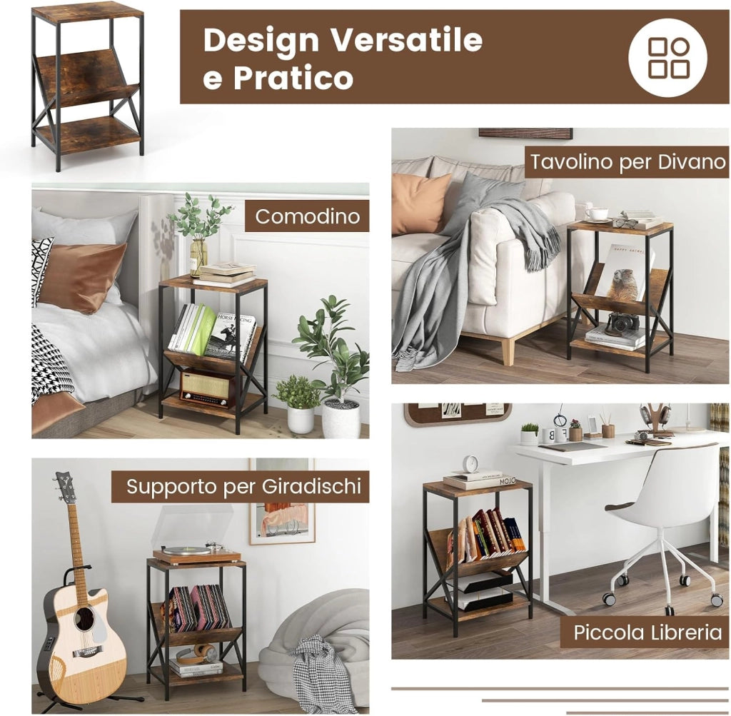 Tavolino da Divano a 3 Livelli con Ripiani, Tavolino da Salotto Industriale con Ripiano a V Traverse e Piano Liscio, Tavolino Robusto per Soggiorno, Camera da Letto e Ufficio, Marrone