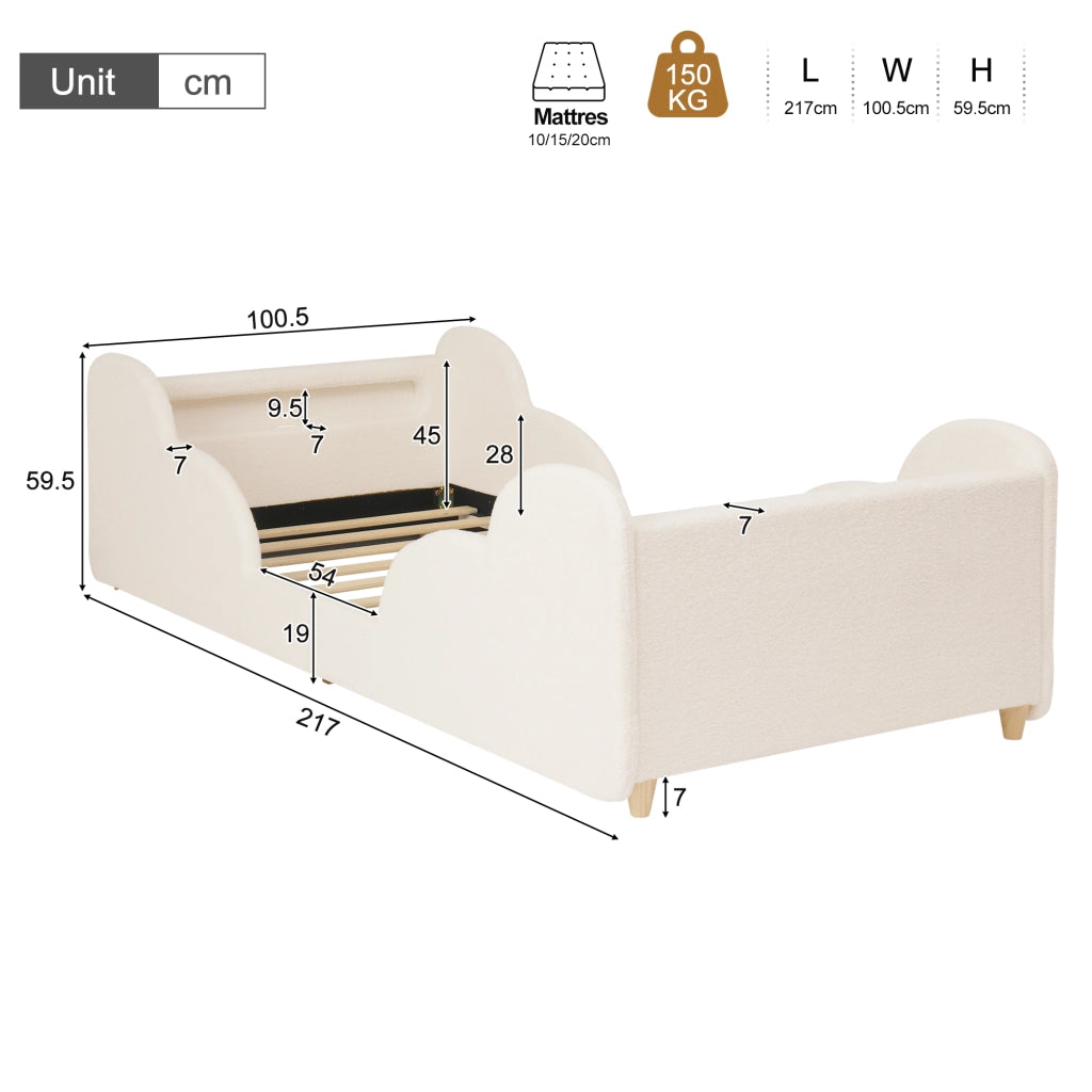 Letto per Bambini 90x200 cm; Letto Singolo - sponde imbottite; USB e Type-C - Beige